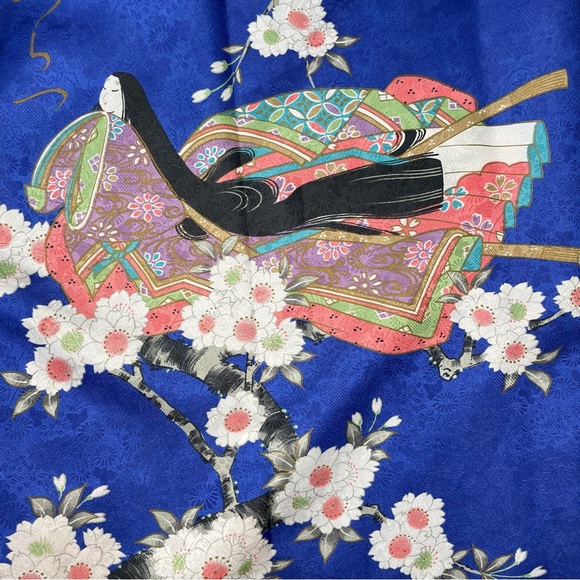 Vintage Juguemm Japanese Geisha & Cherry Blossoms Print Kimono Robe - Blue - Picture 5 of 13